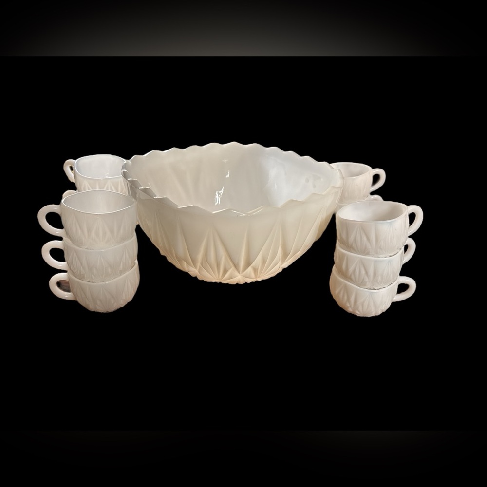 Vintage 1940’s Hazel Atlas Rectangular Milk Glass Punch Bowl and 12 Cup Set